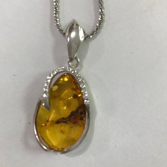 Sterling Silver 925 Baltic Amber Pendant with Crystal Trim - Picture 1 of 4